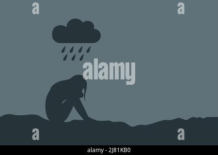 lonely depressed girl sitting alone in the rain Stock Vector