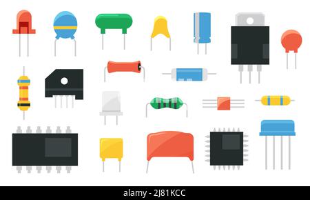 Electronic component. Semiconductor chip capacitor transistor resistor and LED hardware. Vector electric circuit board ceramic parts isolated set Stock Vector