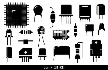 Black electronic component icons. Electric circuit conductor and semiconductor parts, diode transistor resistor capacitor elements. Vector set Stock Vector