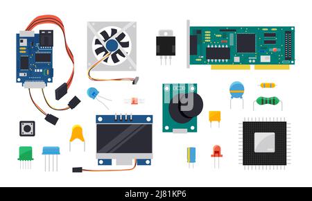 DIY controller. Electric and mechanical components for microcontroller and smart home circuit board, display wires and semiconductors vector set Stock Vector