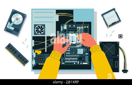 PC assembly. Personal computer components service and maintenance, gaming PC upgrade with SSD, CPU and GPU. Vector concept Stock Vector