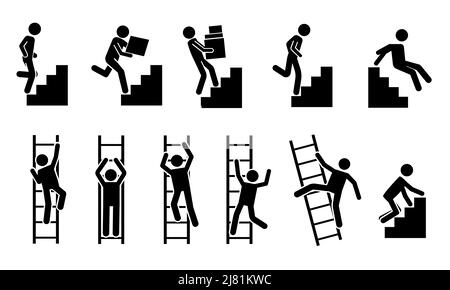 Stick man go up. Black pictograms of people climbing on staircase and ladder, stickman silhouettes. Vector movement and success concept Stock Vector