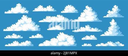 Pixel clouds. 8 bit game asset collection, videogame background environment element, cartoon heaven blue sky. Vector interface concept art Stock Vector