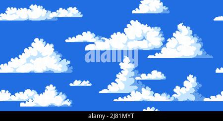 Pixel clouds pattern. Seamless print with 8 bit video game clouds concept art. Vector blue sky environment background texture Stock Vector