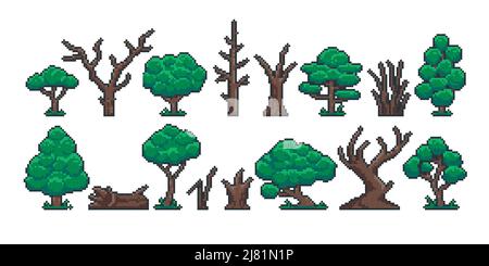 Pixel tree trunk. Retro 8 bit video game sprite asset, green trees old dry stump trunk and log game interface objects. Vector isolated set Stock Vector