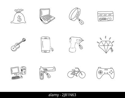 pawnshop hand drawn linear vector icons Stock Vector