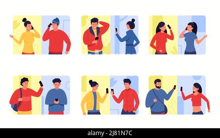 Phone conversation. Cartoon people communicating on phone, men and women talking via smartphones. Vector set Stock Vector