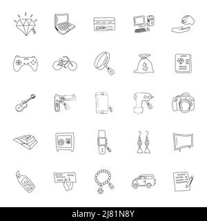 pawnshop hand drawn linear doodles Stock Vector