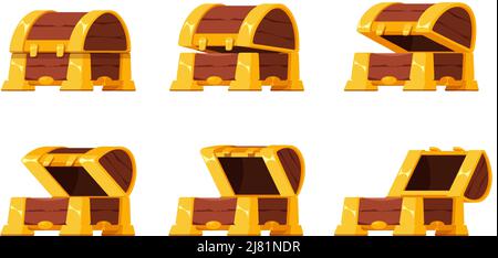 Open treasure chest. Cartoon animation kit for wooden treasure chest opening, vintage mystery pirate box. Vector GUI element set Stock Vector