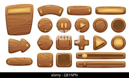 Wooden interface panel. 2D game cartoon wood buttons and menu UI elements, empty signboard and banner. Vector game asset isolated collection Stock Vector