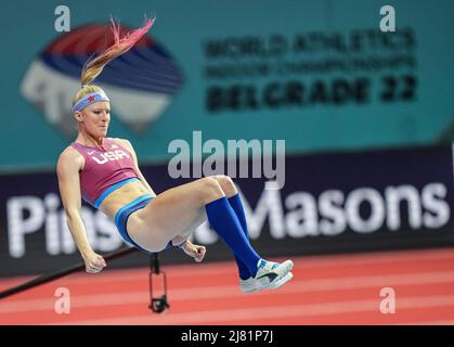 Sandi Morris jumping at the 2022 Belgrade Indoor World Championships in the pole vault specialty. Stock Photo