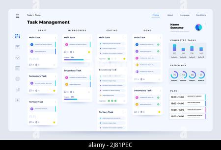 Task manager. Planner and organizer application dashboard UI with task performance process, time management web app. Vector template Stock Vector