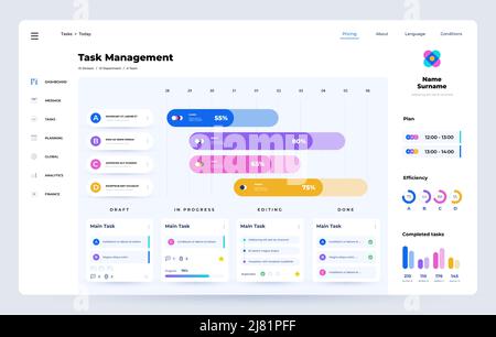 Schedule app. Task manager UI template with project timeline, time optimization and task management web app dashboard interface. Vector design Stock Vector