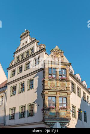 The 'Schöne-Erker-Haus' built in 1616 in the historic old town of Freiberg, Saxony, Germany Stock Photo