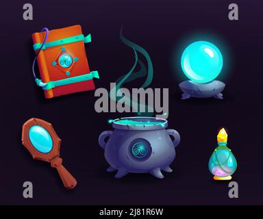 Magic witch cauldron with boiling potion, wizard book of spell, poison in glass flask with gold crystal. Vector cartoon game icons set of mirror in wooden frame and fortune teller sphere Stock Vector