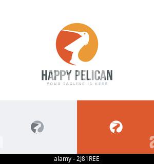 Happy Pelican Open Beak Circle Negative Space Logo Stock Vector