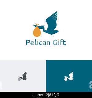 Pelican Bird Fly Bring Gift Present Shipping Delivery Logo Stock Vector