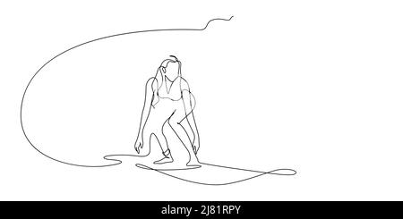Woman surfer riding on surfboard line art illustration. One line drawing continuous simplicity vector isolated on white copy space background Stock Vector
