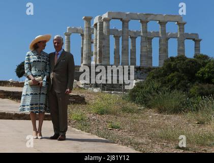 Queen Mathilde of Belgium and King Philippe - Filip of Belgium pose during a visit to the Temple of Poseidon, on the second day of a three days state visit of the Belgian royal couple to Greece,in Sounio. Stock Photo