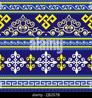 Seamless oriental vector pattern inspired by folk art from Monogolia and Central Asia, traditional textile or fabric print design in yellow and navy b Stock Vector