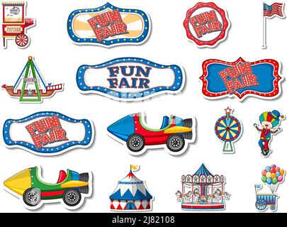 Sticker set of amusement park objects and cartoon characters ...