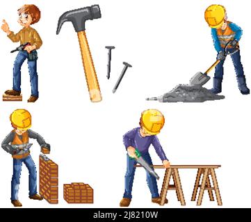 Set of construction site objects and workers illustration Stock Vector
