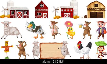 Many barn buildings and farm animals illustration Stock Vector Image ...