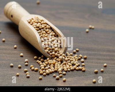 yellow coriander seeds in a bamboo wooden scoop, isolated on dark oak table  background  selected focus Stock Photo
