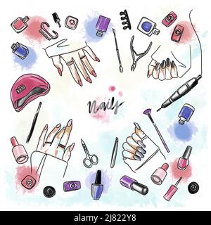 Watercolor set of long nailsmulti-colored Stock Vector