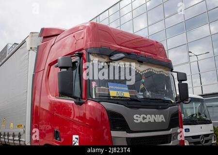 Warsaw, Poland. 08th May, 2022. The view of the front heavy goods vehicle with humanitarian aid for Ukrainians. Front Pomocy Ukrainie (FPU), a charity founded by Ukrainians that resided in Poland, receiving humanitarian aids worldwide regularly and co-operates with various humanitarian aids centres in Ukraine to distribute to the Ukrainians in need. (Photo by Hesther Ng/SOPA Images/Sipa USA) Credit: Sipa USA/Alamy Live News Stock Photo