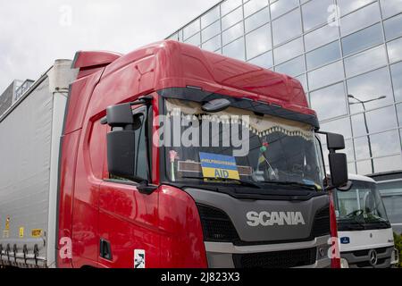 Warsaw, Poland. 08th May, 2022. The view of the front heavy goods vehicle with humanitarian aid for Ukrainians. Front Pomocy Ukrainie (FPU), a charity founded by Ukrainians that resided in Poland, receiving humanitarian aids worldwide regularly and co-operates with various humanitarian aids centres in Ukraine to distribute to the Ukrainians in need. Credit: SOPA Images Limited/Alamy Live News Stock Photo