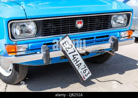 Samara, Russia - May 8, 2022: Handle of manual car starter in Moskvich retro vehicle Stock Photo