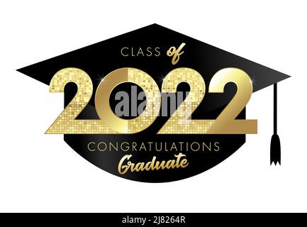 Graduating icon or badge. Class of 2022 year graduation. Class off logo concept, shiny gold lettering. Numbers 20, 22 with square cylinder. Isolated a Stock Vector