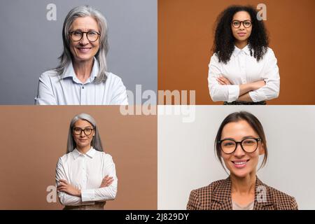 Collage of four different female office employee businesswomen wearing smart casual wear looking at camera isolated, several diverse confident women in formal wear Stock Photo