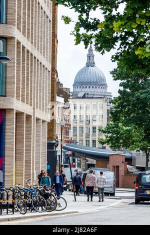 Turnmill Street in Clerkenwell, leading to Farringdon Station, St Paul's Cathedral in the background, London, UK Stock Photo