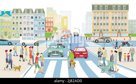 Road traffic with pedestrians and crosswalk, illustration Stock Vector ...