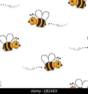 Seamless vector pattern with cute bees on white background. Simple hand drawn bumblebee wallpaper design. Fun cartoon fashion textile. Stock Vector