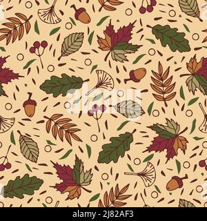 Seamless vector pattern with autumn leaves on yellow background. Simple seasonal  wallpaper design. Decorative floral branch fashion textile. Stock Vector