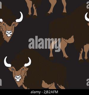 Seamless vector pattern with buffaloes on dark brawn background. Animal bison wallpaper design. Powerful angry Taurus repeat art. Stock Vector