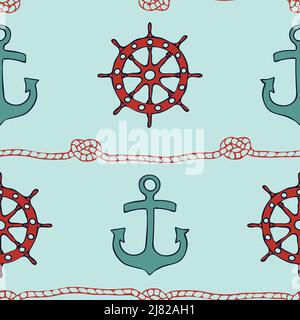 Seamless vector pattern with ship wheel and anchor on aqua blue background. Simple marine wallpaper design. Decorative nautical fashion textile. Stock Vector