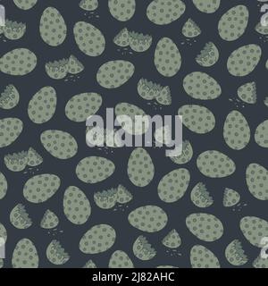 Seamless vector pattern with spotted eggs on dark blue background.  Fantasy wallpaper design with eggshells. Decoration fashion textile. Stock Vector