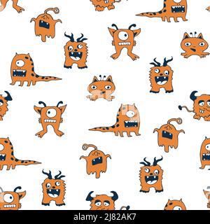 Seamless vector pattern with cartoon aliens on white background Cute simple wallpaper design for children. Kids fashion textile. Stock Vector