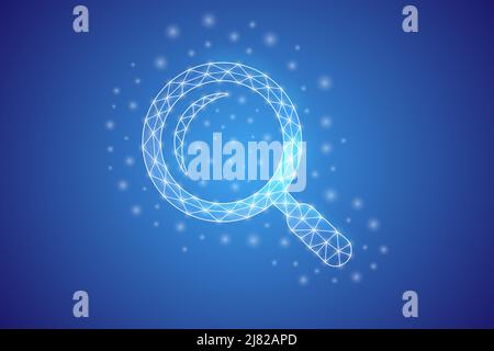 Magnifying glass low poly symbol with white connected dots. 3d geometric polygonal Loupe. Analysis, search tool design vector illustration. Stock Vector