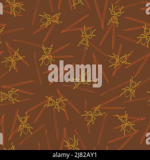 Seamless vector pattern with outlined ants on brown background. Ants nest wallpaper design. Stock Vector