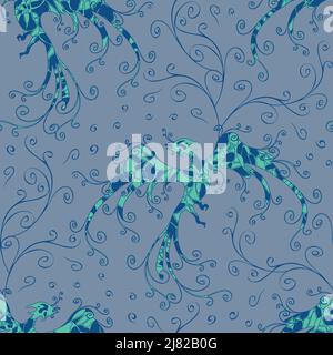 Seamless vector pattern with ice bird on blue background. Phoenix wallpaper design. Mystic creature fashion textile. Stock Vector