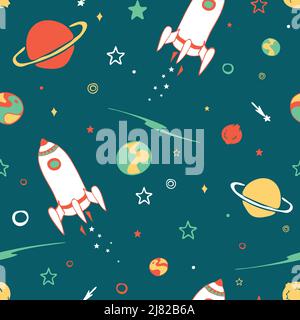 Seamless vector pattern with hand drawn spaceship and planets on green background. Fun cartoon space wallpaper design for children. Stock Vector