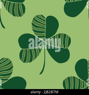 Seamless vector pattern with clover leaf on green background. Simple good luck symbol wallpaper design. Decorative floral fashion textile. Stock Vector