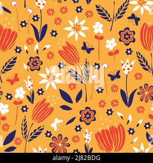 Seamless vector pattern with flower garden on bright yellow background. Hand drawn summer floral wallpaper design. Decorative vintage fashion textile. Stock Vector