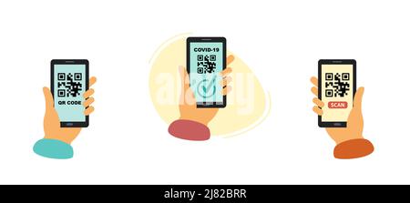 Scan the QR code with the phone. smartphone in hand. QR code for mobile application, Stock Vector