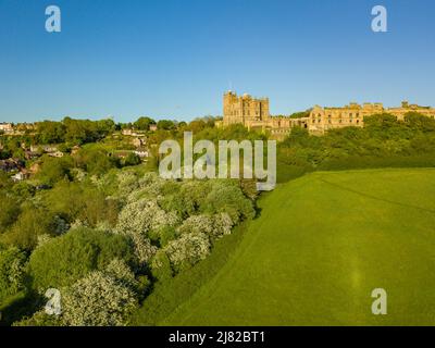 Aerial view of Bolsover Castle during spring, Bolsover, Chesterfield, Derbyshire, England, UK, Europe Stock Photo